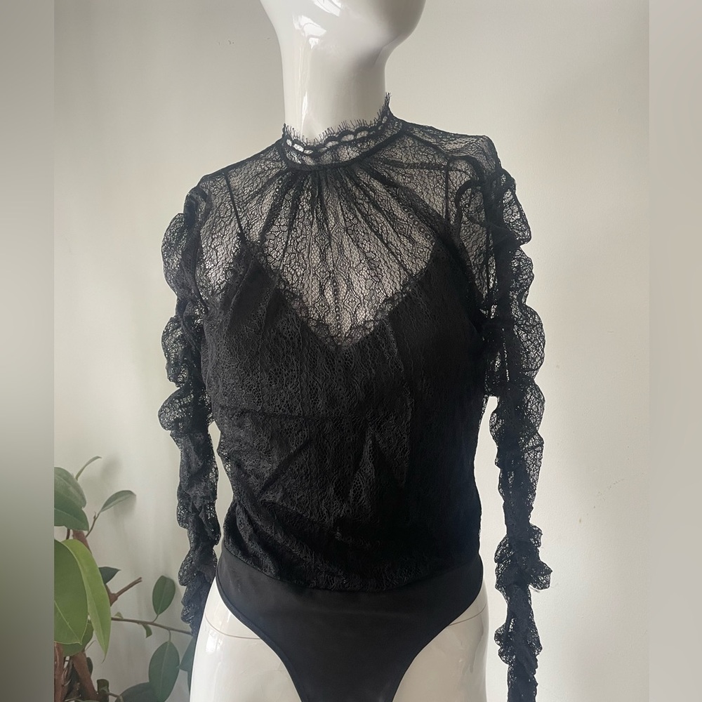 Jonathan Simkhai Black Lace l Bodysuit Size 2 Long Sleeve Sheer Top - Picture 6 of 7